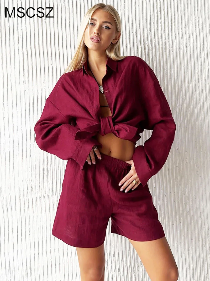 

MSCSZ Long Sleeve Shirt And Shorts Sets For Women 100% Cotton Beach Outfits Woman 2 Piece Set Top And Shorts Summer Co ords
