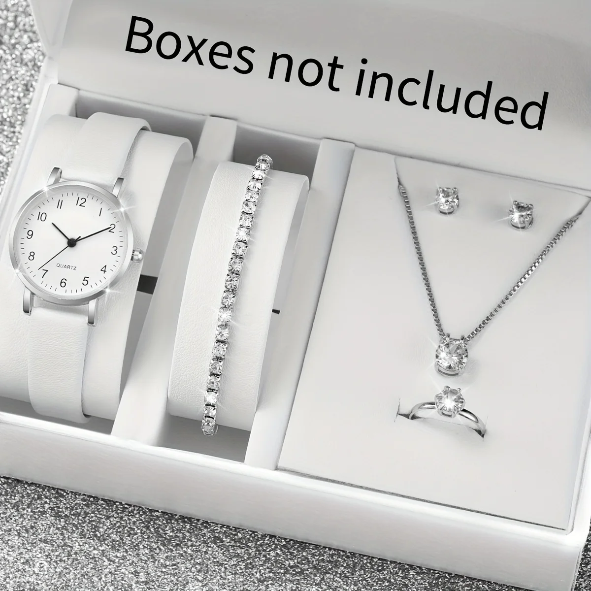 Classic Daily Wear Women Gift Set, Analog Quartz Wrist Watch + Tennis Bracelet Solitaire Pendant Necklace Stud Earrings Ring