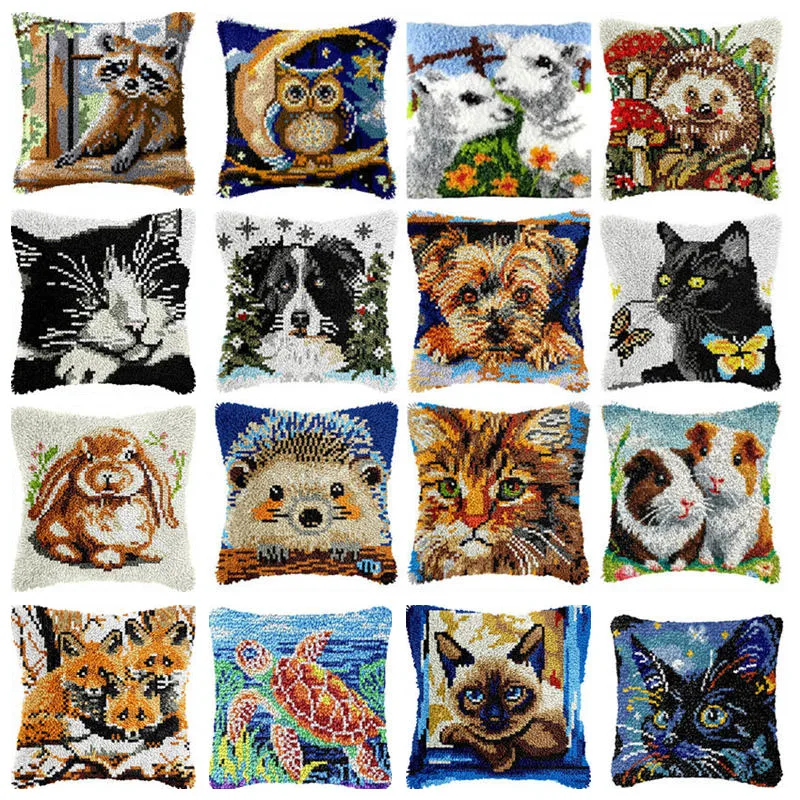 

Knot Pillow Package Cartoon Animals Latch Hook Kit Cushion Pillowcase Kussen Set For Needlework Cat hedgehog Latch Hook Kits DIY