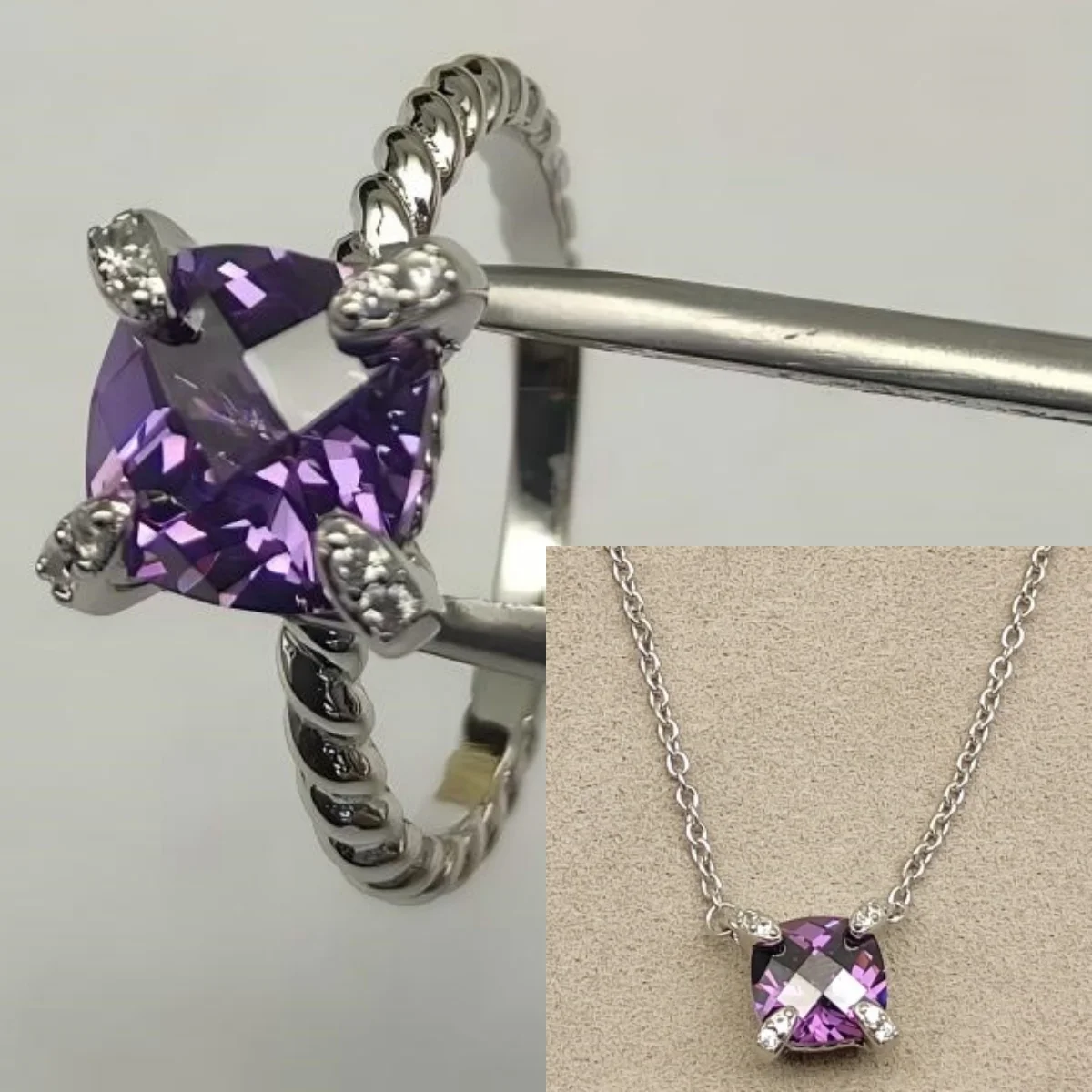 

2025 New High-Quality Silver and Gold Color Set with 8mm Colorful Main Stone Elegant and simple Necklace Ring Set