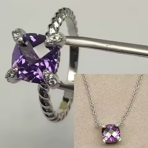 2025 New High-Quality Silver and Gold Color Set with 8mm Colorful Main Stone Elegant and simple Necklace Ring Set