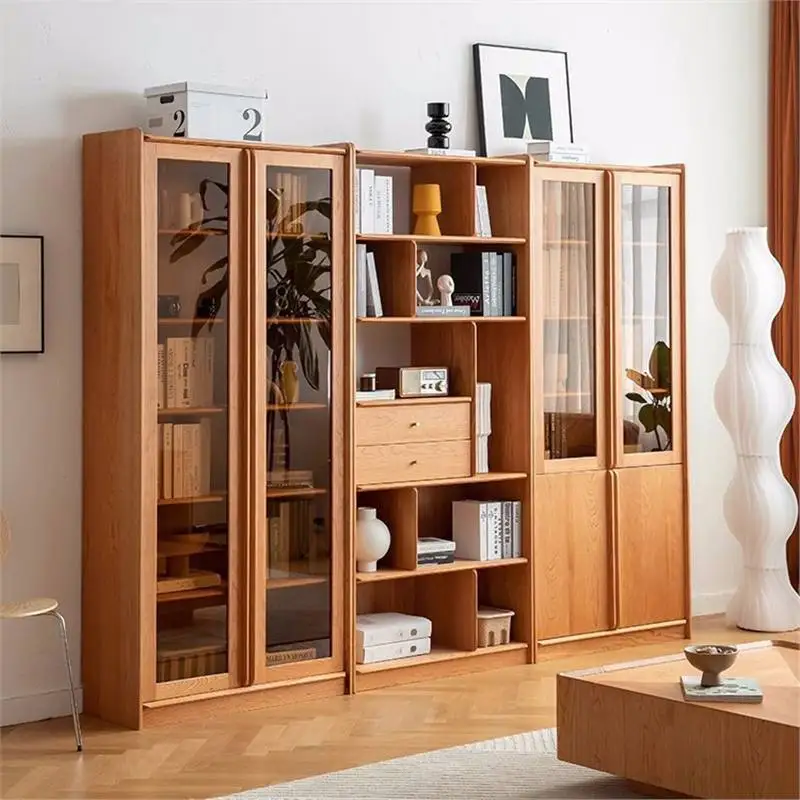 

All solid wood cherry wood Japanese bookcase simple Nordic bookshelf home floor combination storage glass door