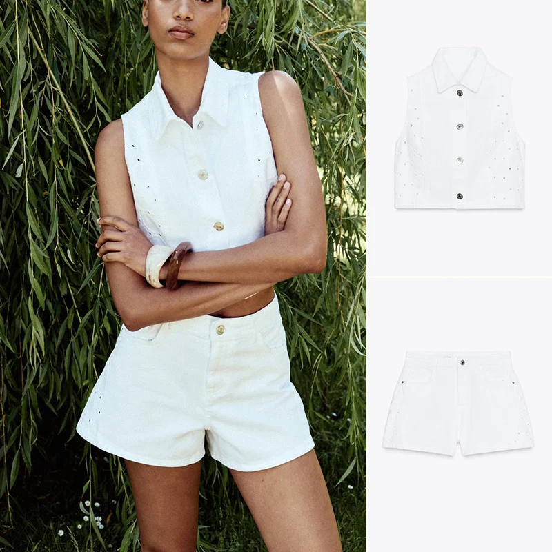 

Faionable Embroidered Hollow out V-Ne Vest And Casual orts Two-Piece Set ort Sve Button-Up Women's Summer Outfit