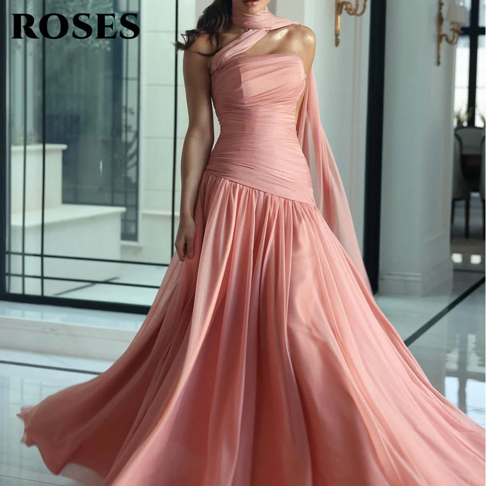 

ROSES Coral Pink Simple Prom Dress Strapless Beach Chiffon Party Dresses Halter Ruched Dresses For Special Events Customized