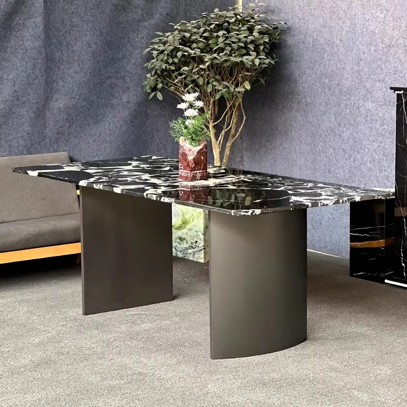 Elegant Modern Design 6 Seater Calactta Viola Black Marble Recharge Top Dining Table Coffee Table With Metal Leg for Livingroom