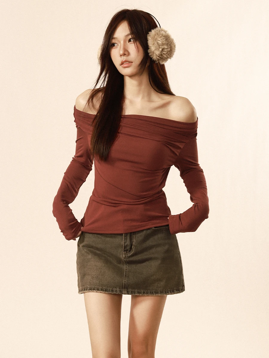 

Американская ретро-футболка в стиле Spicy Girl с одним открытым плечом, однотонная, облегающая, для женщин, повседневная