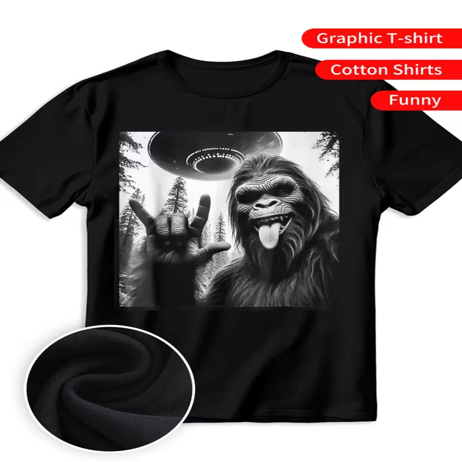 Men's Women's 100 Cotton T-Shirt with Sasquatch UFO Cryptid Graphic Print - Casual Round Neck Tee for Halloween, Christmas, Birthday Gifts - Black White Cryptozoology Design Cotton Tee, Gift For Him