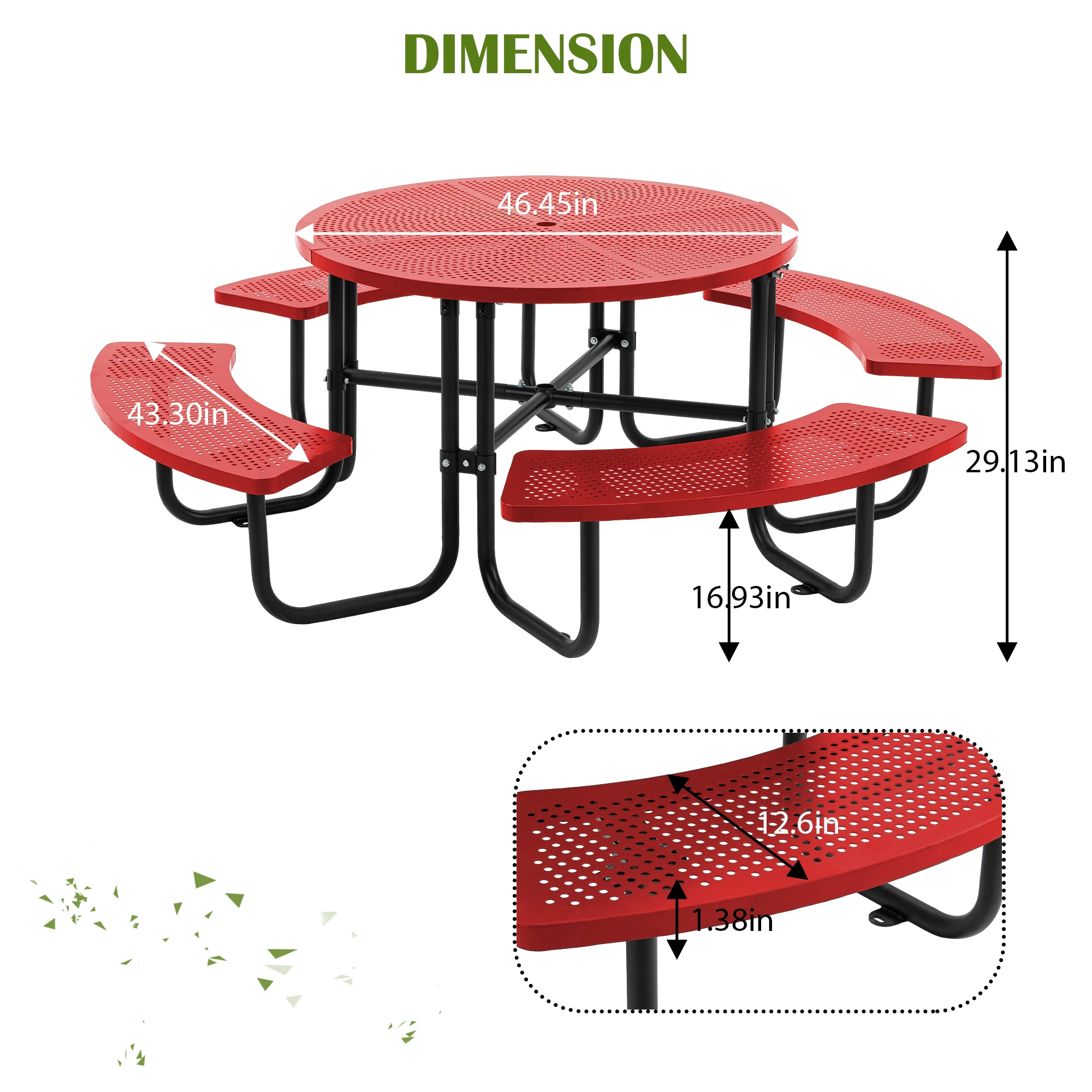 46.45 Inch Waterproof Anti-Rust Round Metal Outdoor Picnic Table with Integrated Curved Benches, Heavy Duty Sturdy Durable Perforated Patio Dining Set for Garden Backyard Park