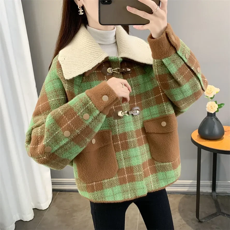 Frauen Neue Herbst Gestrickte Nachahmung doppelseitige Plaid Mantel, Koreanische Casual Lose Kurze Mode Nachahmung Woolen Patchwork Mantel