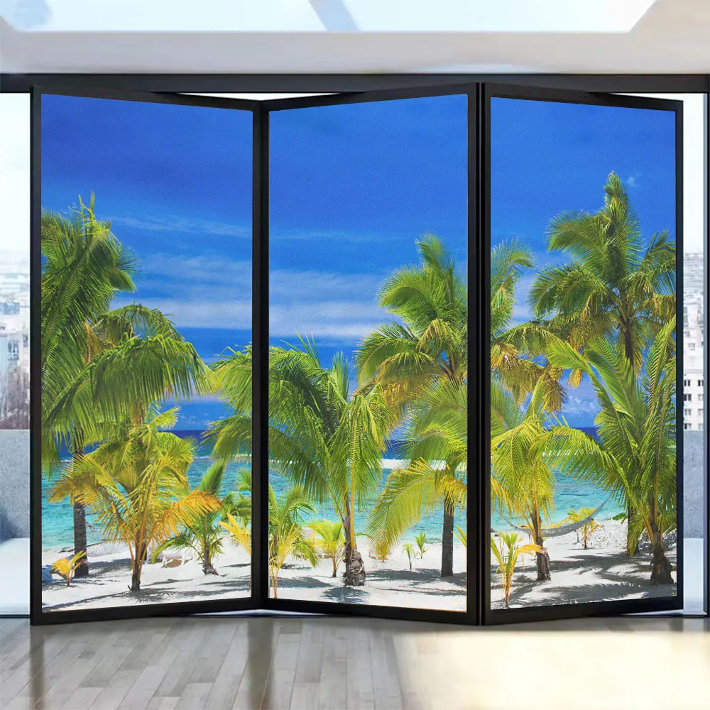 Glue-Free Electrostatic Seaside Palm Forest Pattern Privacy Glass Window Frosted Sticker Bedroom Shading Glass Window Flim