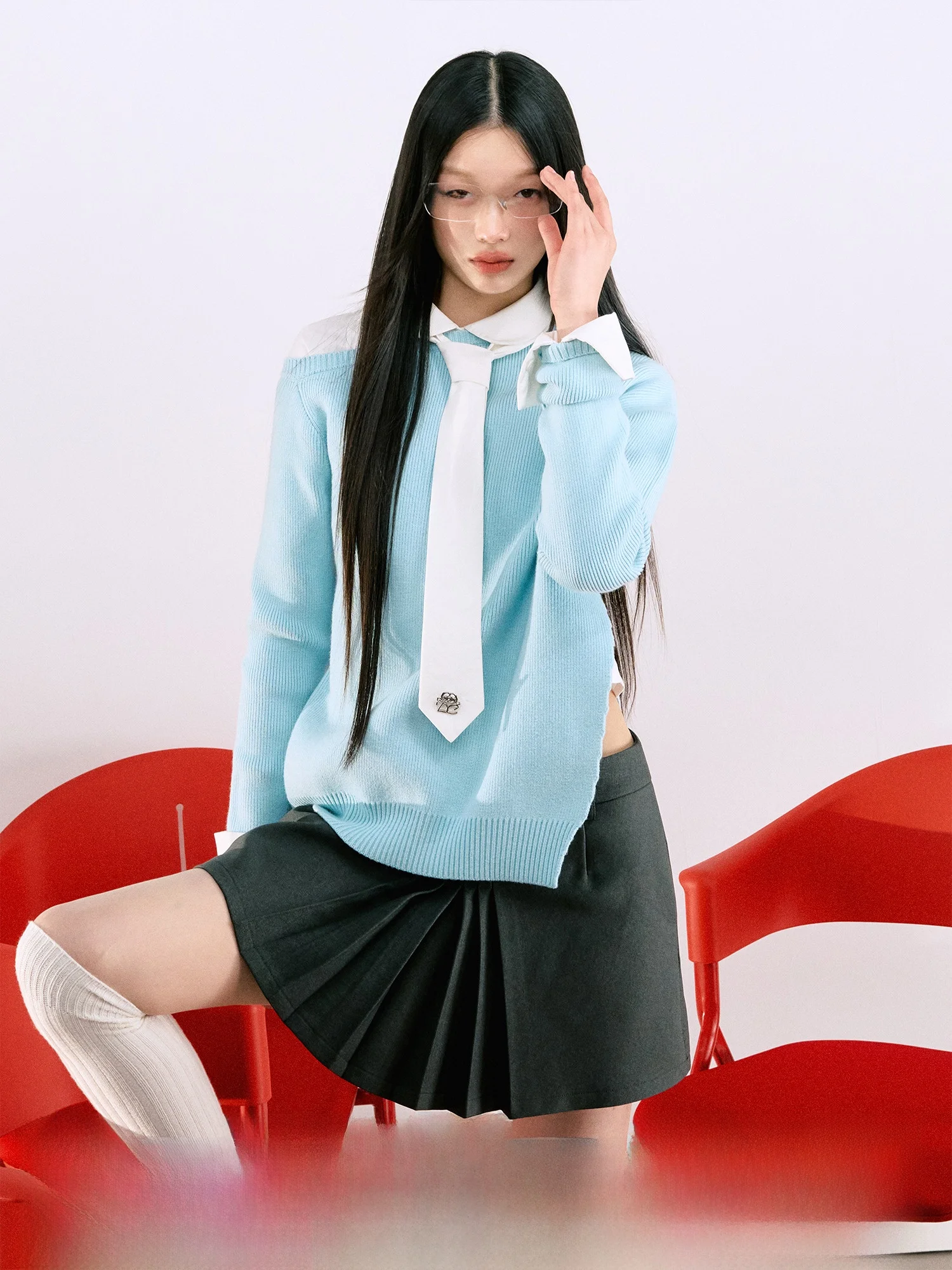 

La Lune Du Ciel Women's Knitted Open Slit One-oulder Sweater Pure Color Loose Fit Comfortable Long Sve Autumn Top