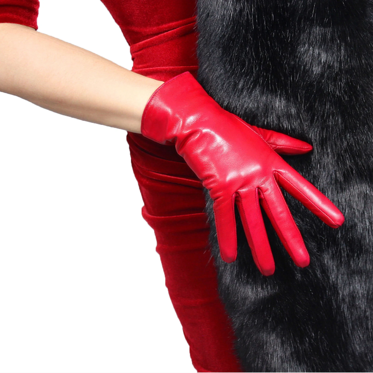 DooWay Women Real Leather Gloves Red Imported Goatskin Leather Wrist Short Vintage Classic Warm Driving Gloves