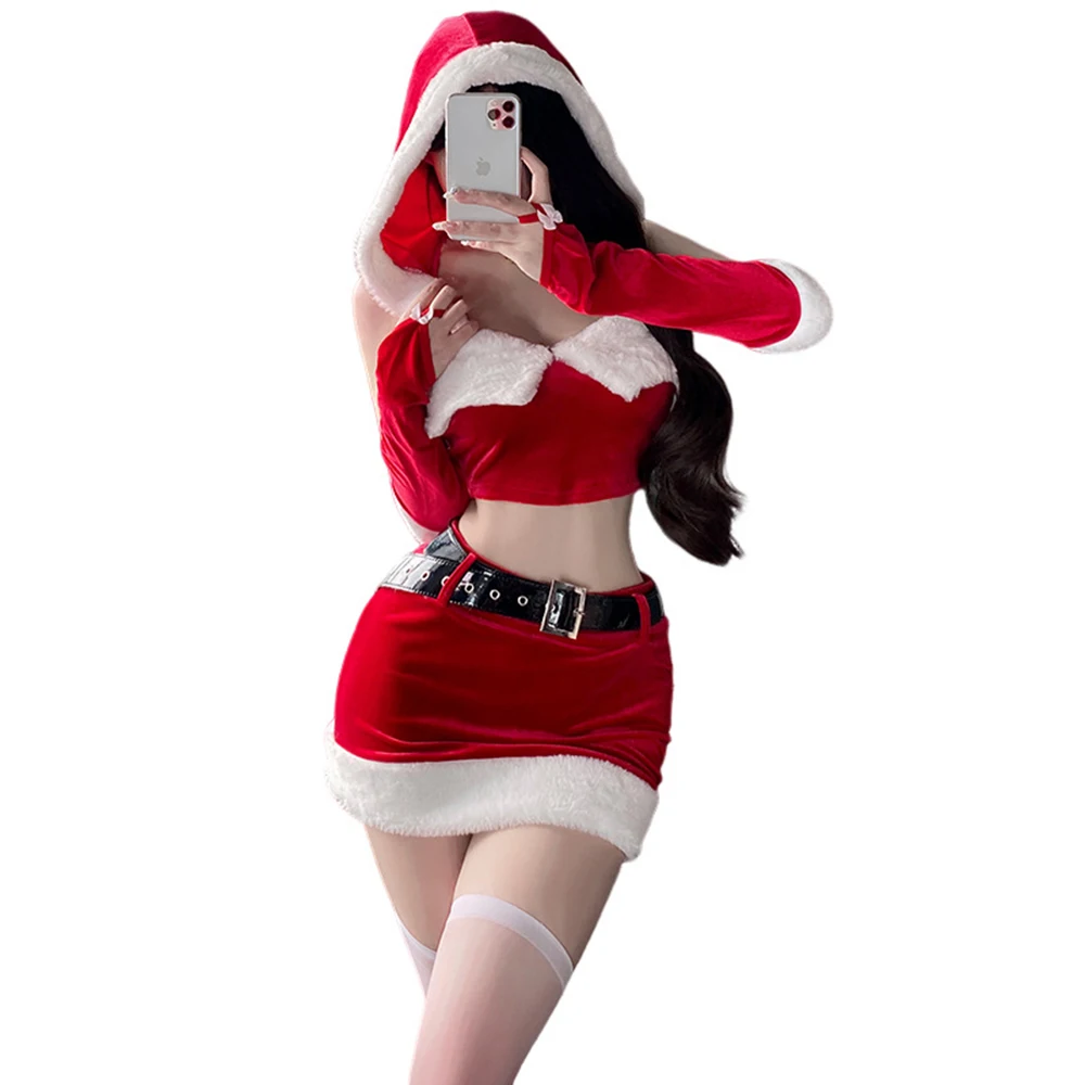 Halloween Weihnachten Cosplay Kostüm sexy Dame rot Weihnachten Samt Fell Kleid Dienst mädchen Dessous Set Hoodie Rock Ledergürtel