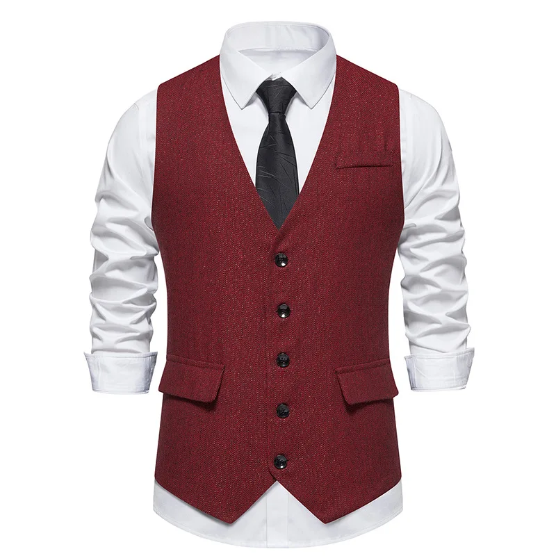 Vintage Red Tweed Suit Vest Men 2023 Brand Sleeveless Casual Western Vest Waistcoat Men Work Business Party Gilet Costume Homme