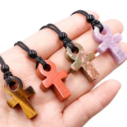 Natural Crystal Agate Stone Ankh Cross Pendant Polished Gemstone Reiki Healing Gifts