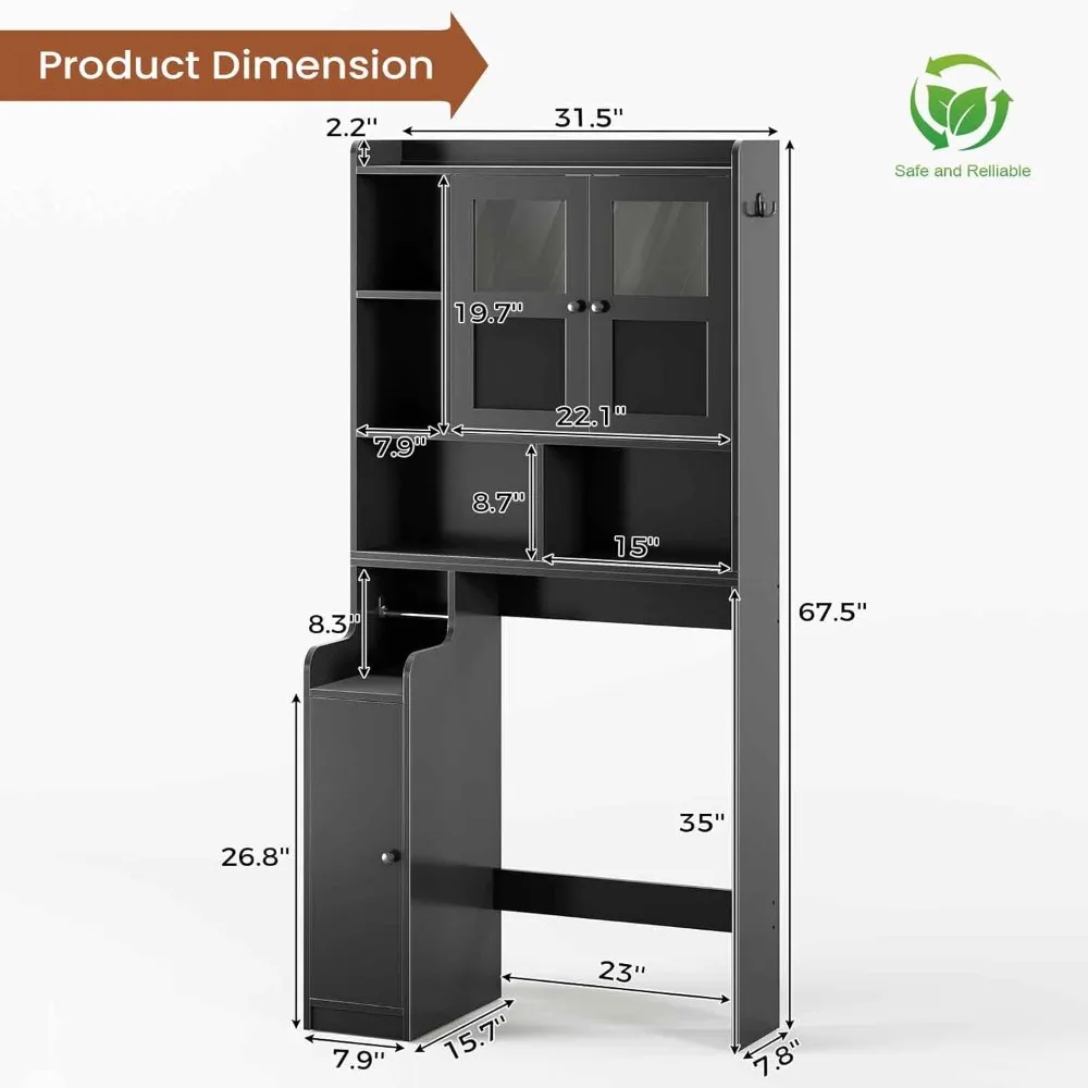 Itaar فوق خزانة تخزين المرحاض، منظم الحمام فوق المرحاض مع أبواب زجاجية وحامل ورق المرحاض، مساحة منزلية-S
