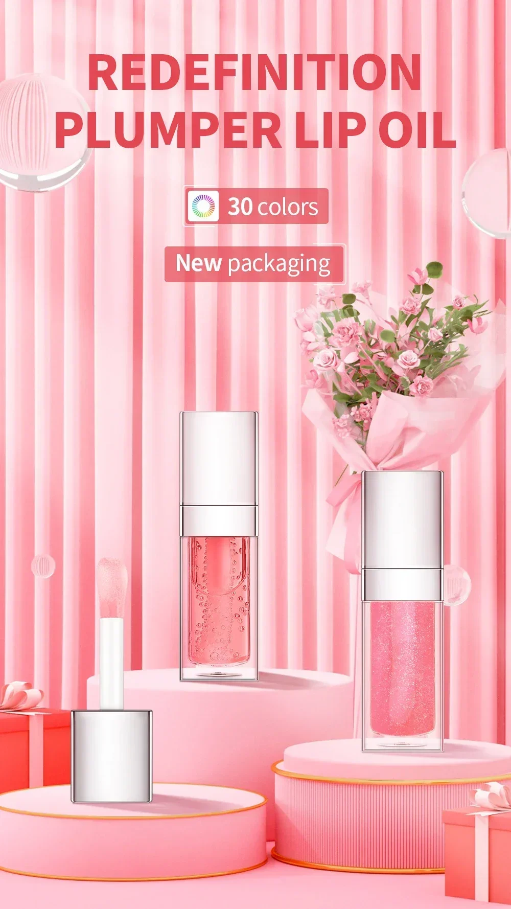 8ml Private Label Lip Oil Custom Bulk 30-color Silver-plated Square Tube Lipgloss Watermelon Strawberry Fruit Makeup Plumper