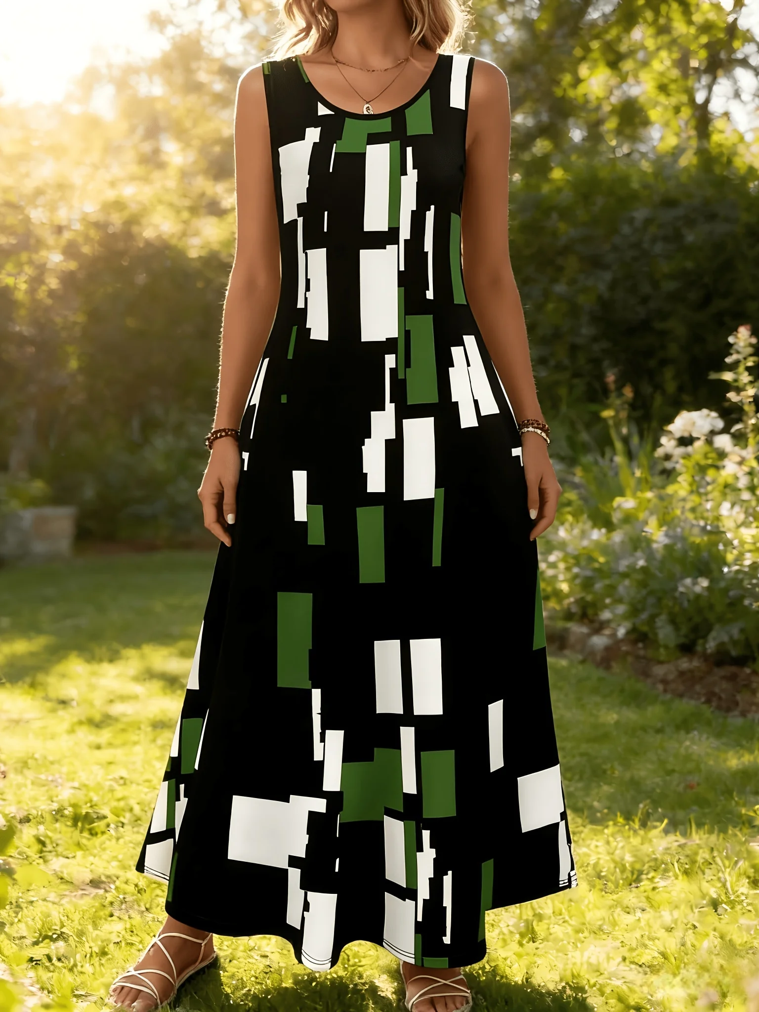 Kleider für Damen Ärmelloses Maxikleid mit Design-inspiriertem grünem Blockmuster Lässiger Sommer-Urlaubsstil Rundhalsausschnitt