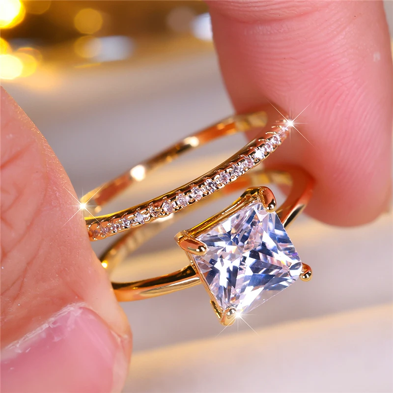 Luxury Female White Zircon Stone Engagement Ring Set Cute Yellow Gold Color Wedding Jewelry For Women