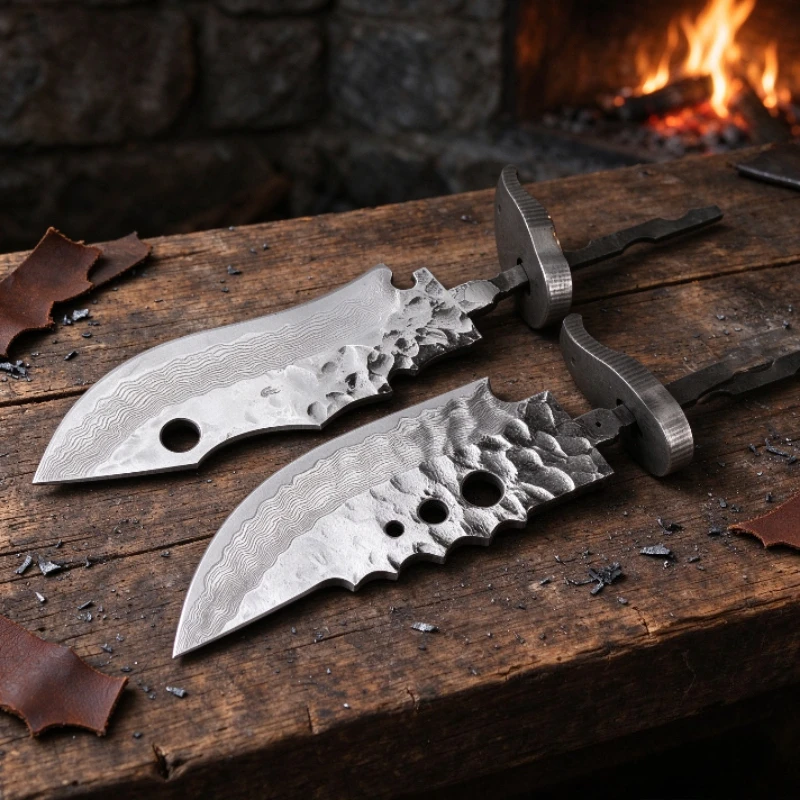 1Pc 8‑Chromium Sandwich Damascus Steel Straight Knife Blanks, Semi‑finished Sharp Blade, EDC DIY Tool Parts with Brass Guard