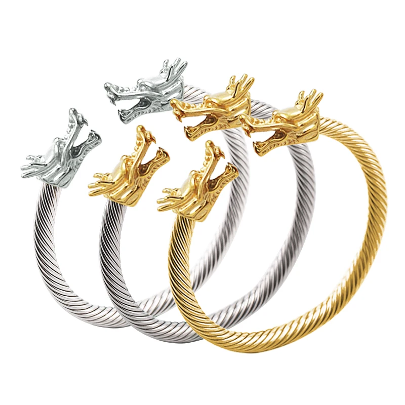 New Style Stainless Steel Cable Wire Bracelets Dragon Tiger Wolf Design Adjustable Size Open Cuff Bangle for Women Men Jewelry