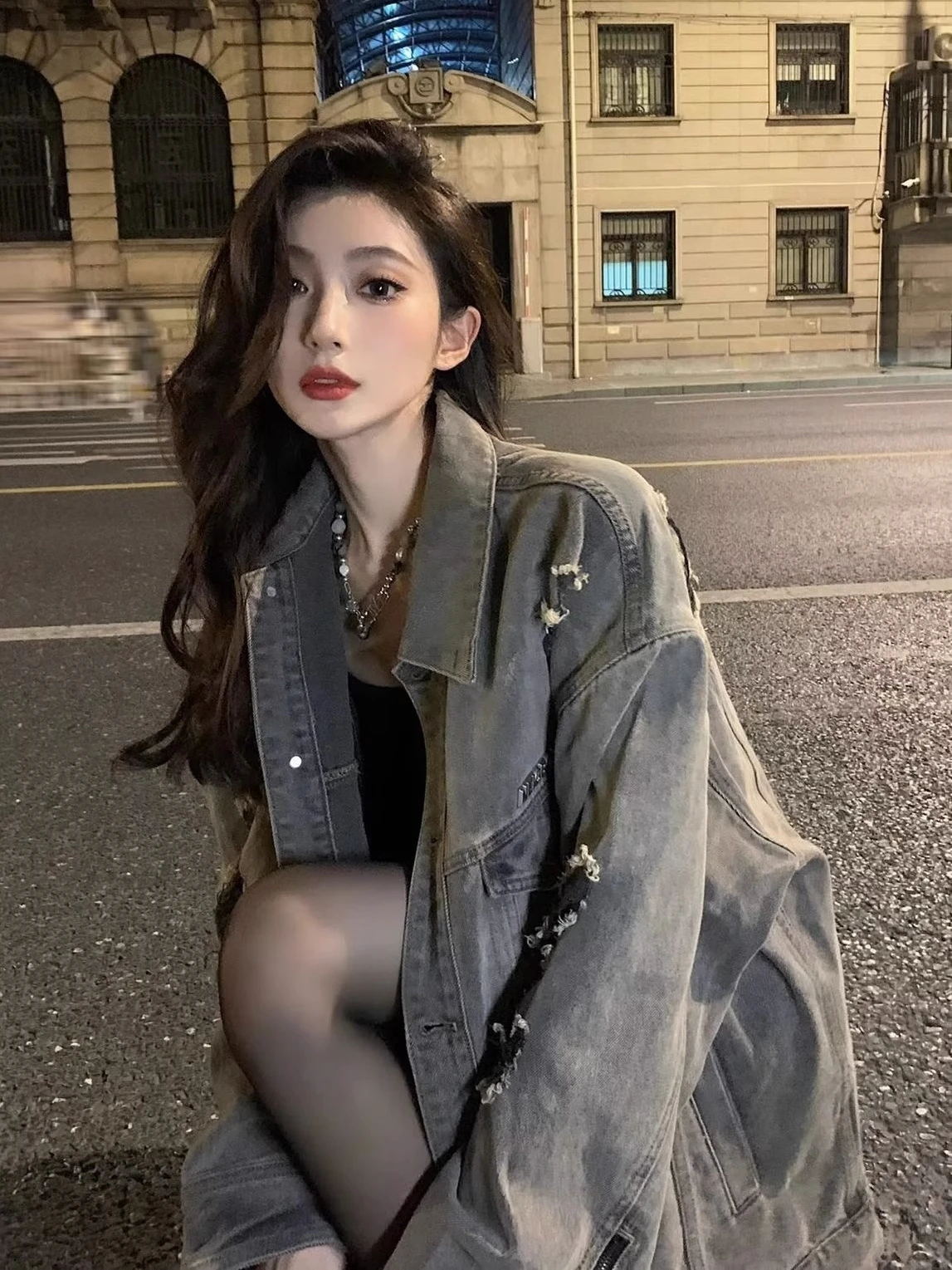 레트로 오버사이즈 데님 재킷 남성용 루즈핏 워싱 디스트레스드 캐주얼 아우터웨어 롱 슬리브 청년 트렌드 가을 의류