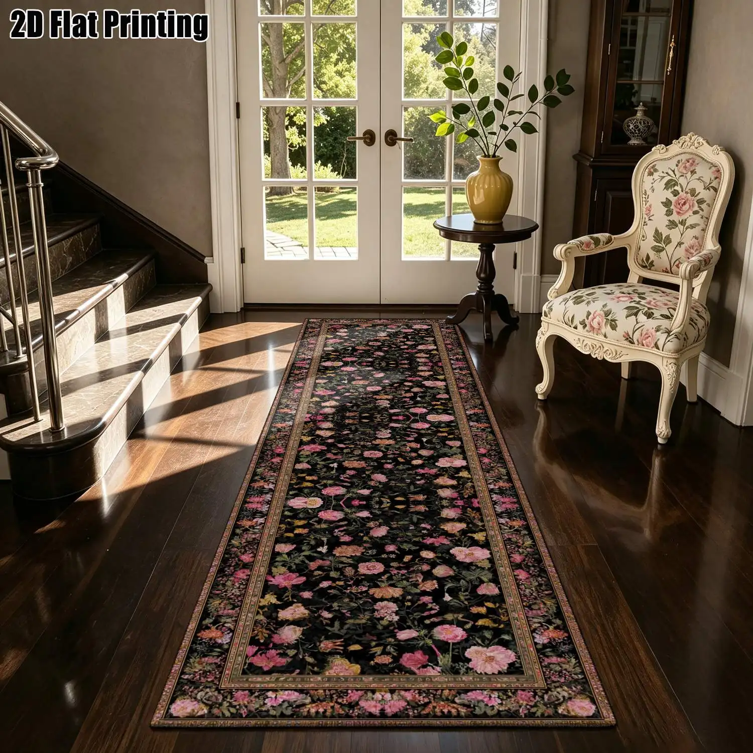 1Pc 2D Printed Long Strip Runner Carpet: Black Base, Pink Floral Pattern, European/Bohemian/Retro Geometric, Home Decor, Multiple Sizes, Machine Washable, Ideal for Entrance, Hallway, Bedroom, Living Room