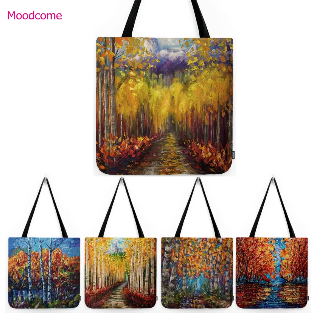 Gold Yellow Autumn Fall Birch Aspens Tree Meadow Forest Beautiful Scenery Cotton Linen Shopper Bag Shoulder Hand Tote Bag