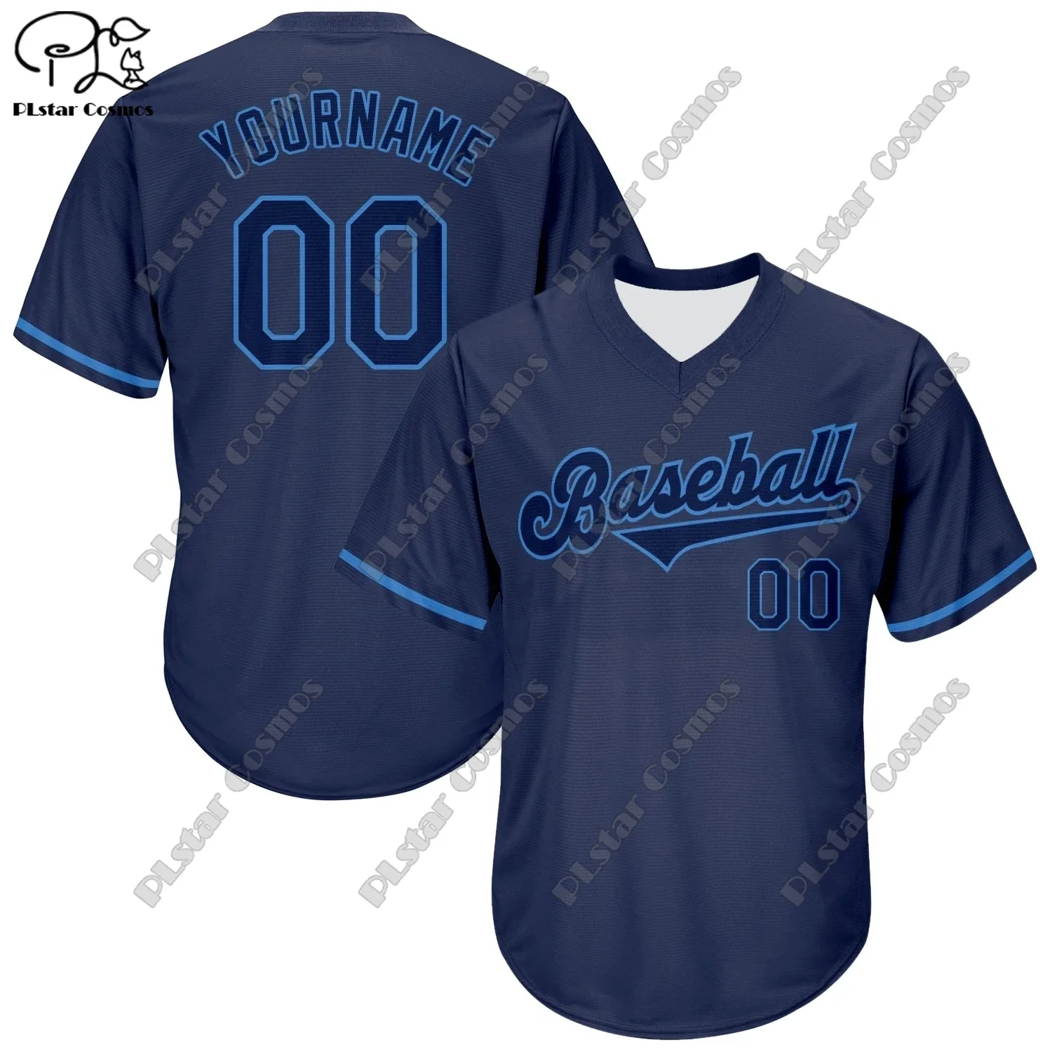 New baseball jersey shirt customized 3D printing blue contrasting color series V-neck short-sleeved loose unisex T-shirt L-1