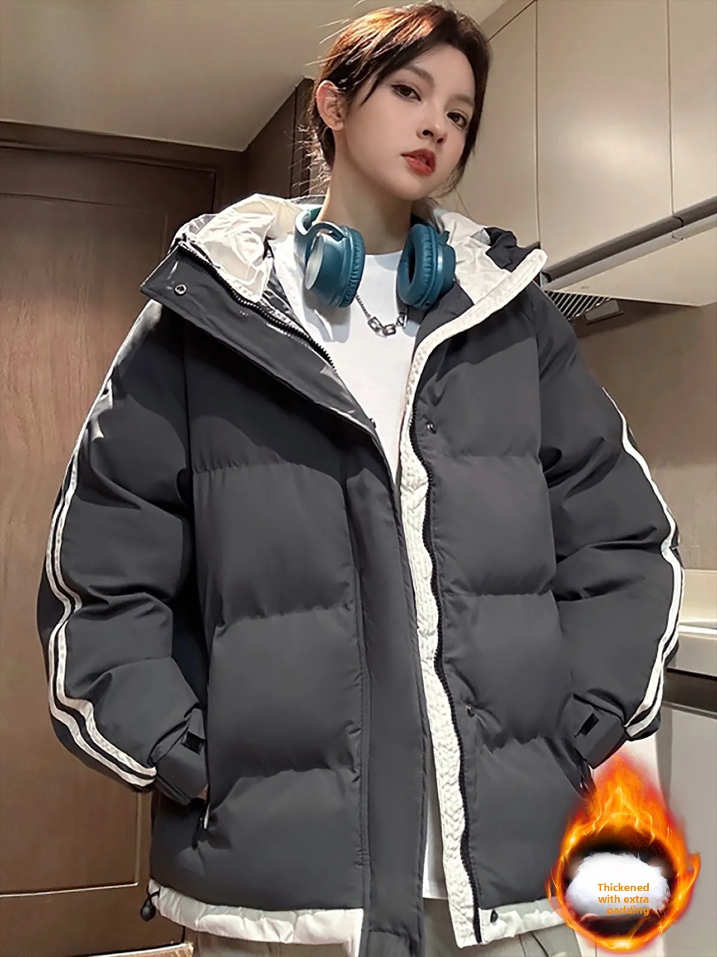 

Nanilu Men's Thickened Cotton Jacket Hooded Loose Warm Fashionable Youth Casual Zipper Closure Polyester Filled Long Sleeve Coat