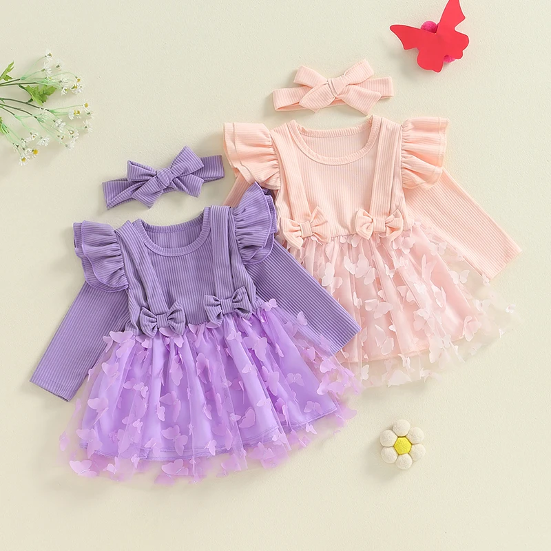 0-24Months Toddler Girls Dress 2 Piece Outfits 3D Butterfly Mesh Long Sleeve Princess Dress and Headband for Party Cute Clothes