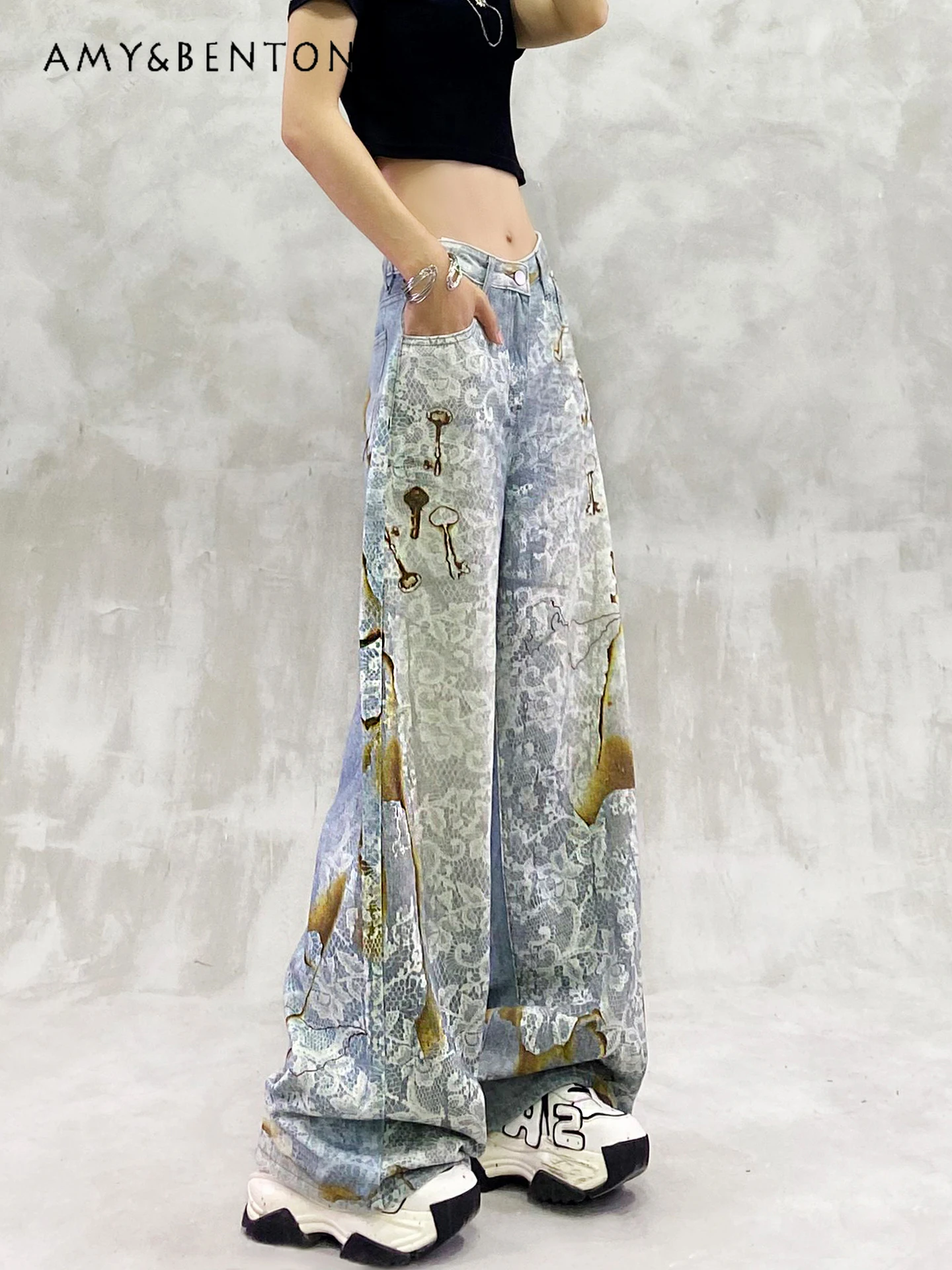 

2025 Summer New Women's Personality Digital Print Design Casual Jeans High Waist Loose Slimming Versatile Wide-Leg Pants