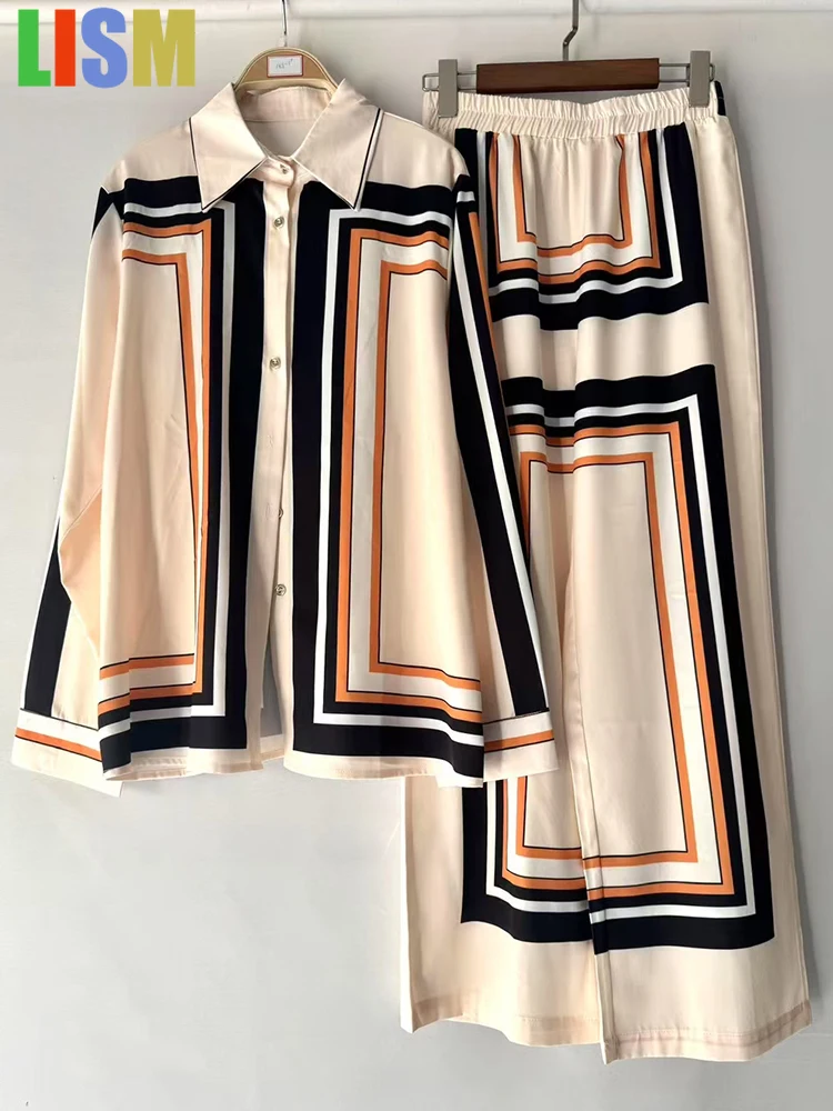 

Retro geometric print lapel straight shirt two-piece 2025 Spring women's wear elastic waist loose wide-leg pants fashion set