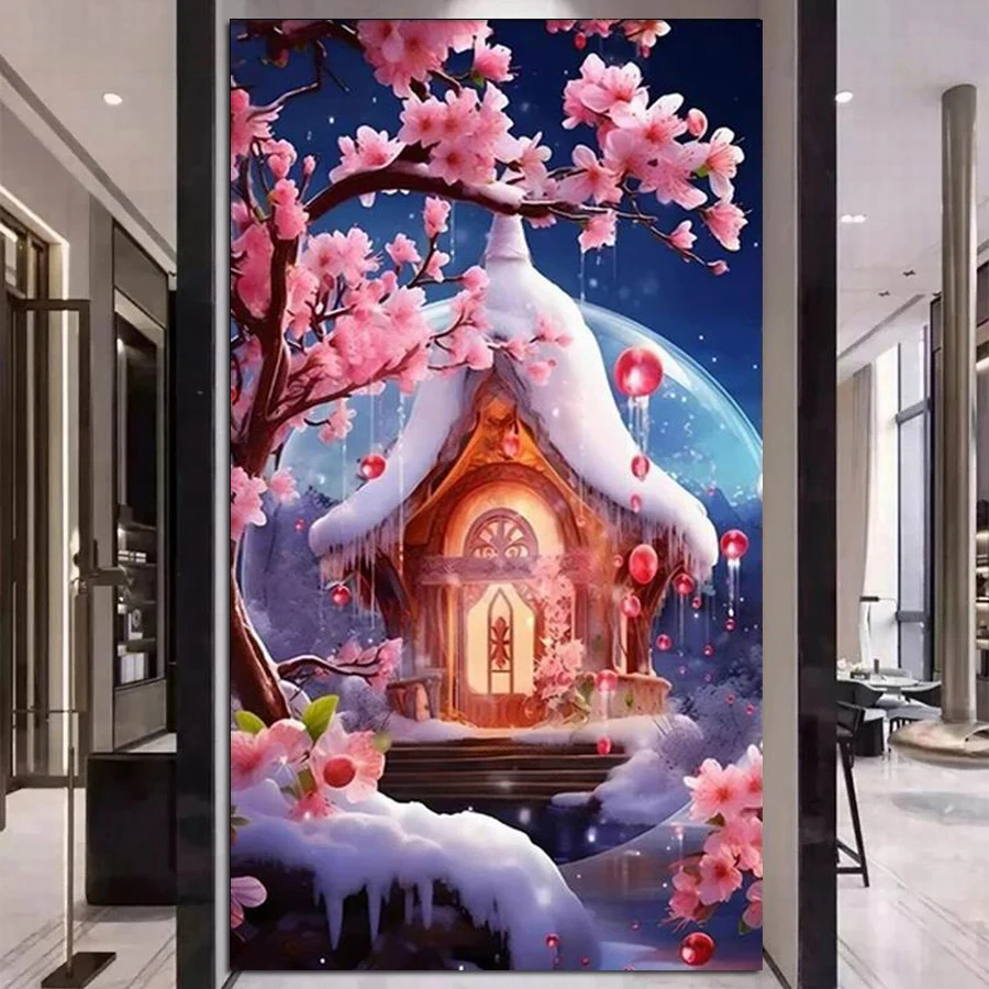 Diy 5D Diamond Painting Large Size Snow House Mosaic Embroidery Kits Full Rhinestone Picture Pink Flower Wall Decor AA5105