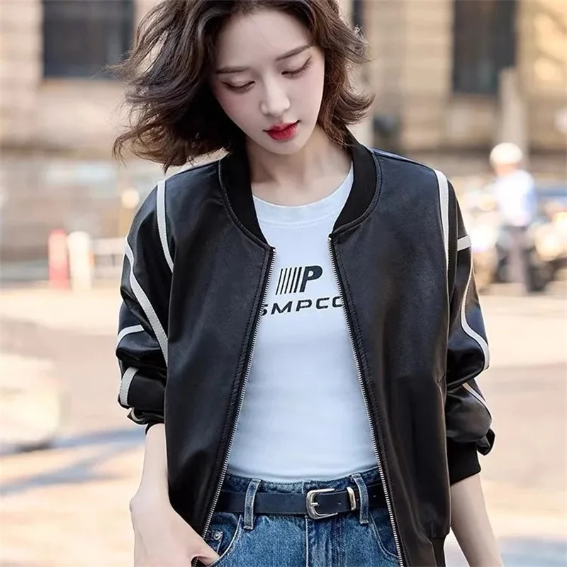 2025 dames couleur blocage veste de Baseball automne femme loisirs PU cuir manteau rétro femmes mode lâche Faux cuir vêtements d'extérieur