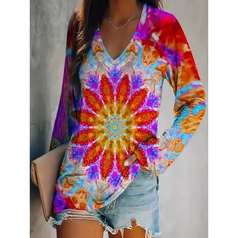 تي شيرت بطبعة زهور بمقاس كبير، تي شيرت كاجوال بأكمام طويلة ورقبة على شكل حرف V، ملابس نسائية بمقاسات كبيرة