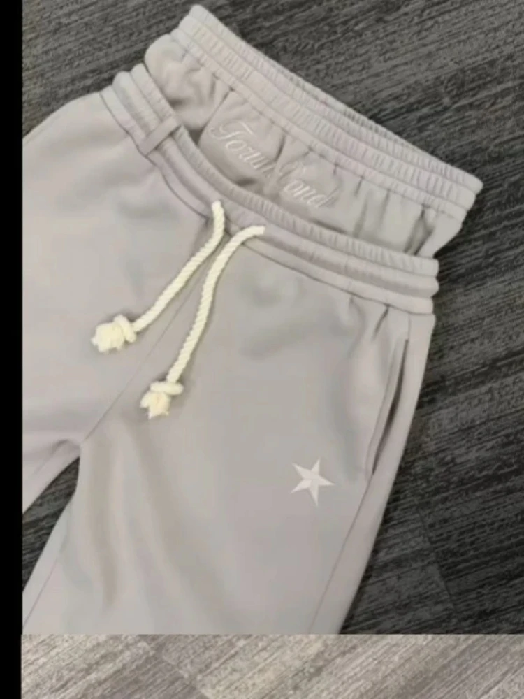HOUZHOU Letter Embroidery Double Waisted Sweatpants Harajuku Wide Leg  American Style Jogging Pants Baggy Solid Color Casual
