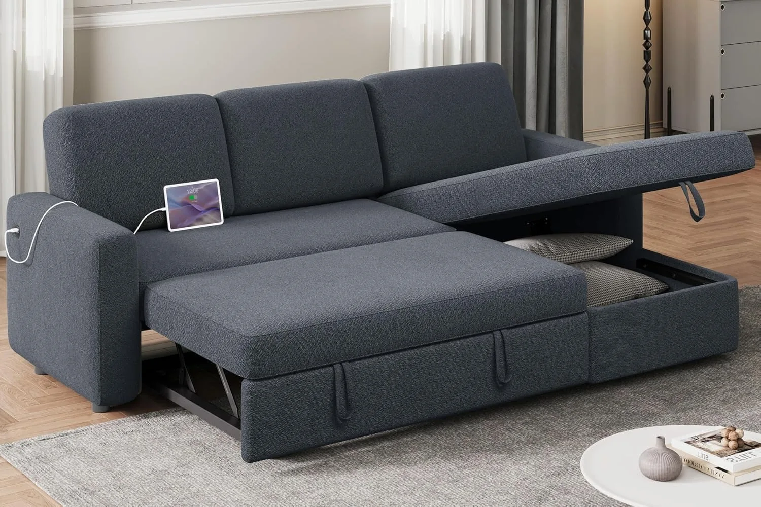 Sectional Sofa L-Shaped Sofa Couch Bed w/Chaise & USB, Reversible Couch Sleeper w/Pull Out Bed & Storage Space, 4-seat Fabric