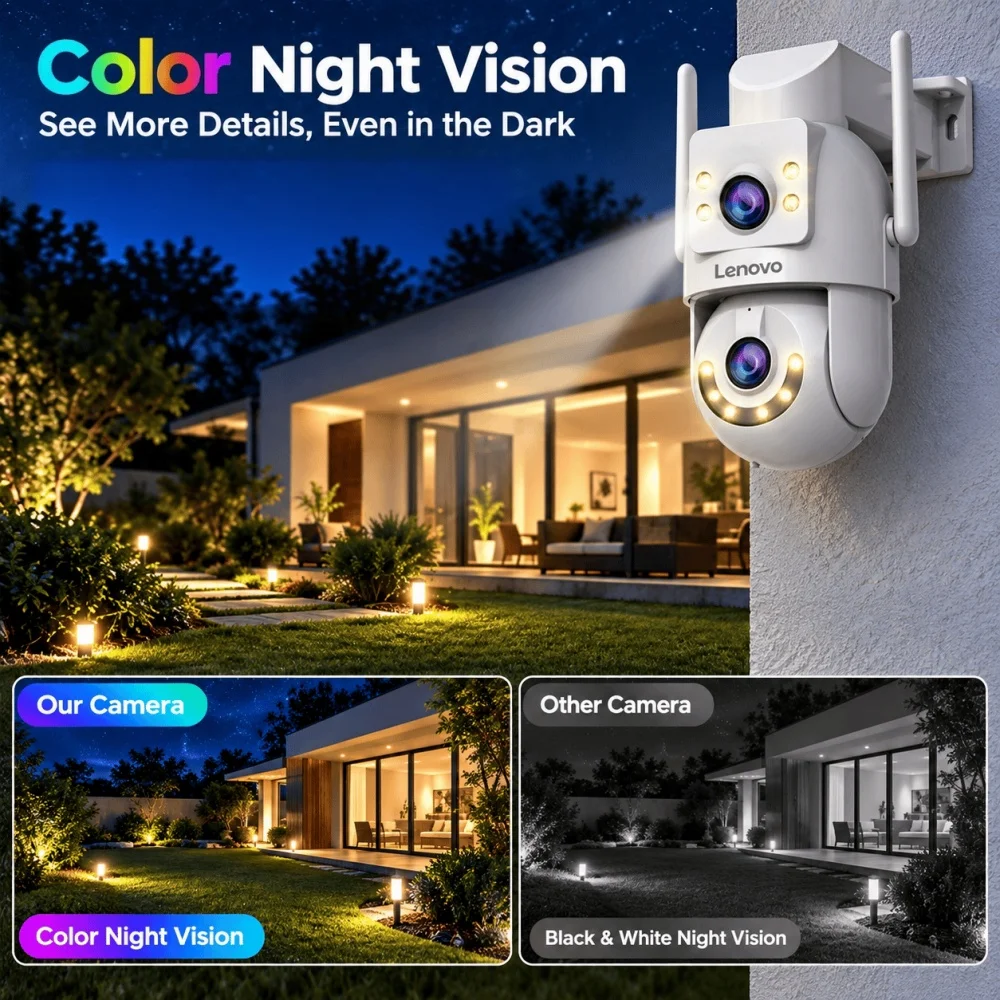 Lenovo 8MP HD Outdoor Security Camera with Dual Lens Dual Screen AI Tracking PTZ Color Night Vision Surveillance Protection
