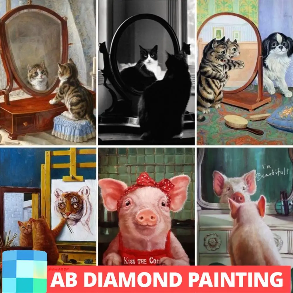 AB Northern Lights Cat Pig Looking In Mirror Diamond Painting Wall Art Pictures for Living Room Bedroom Decoration Mosaic  Kits