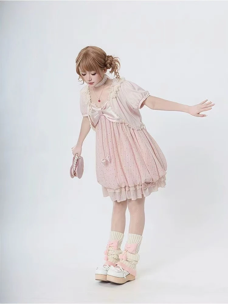 Y2k Japanese Vintage Outfits Women Sweet Lolita Ruffle Tops Bow Mini Dress 2 Piece Sets Kawaii Casual Suits view 3