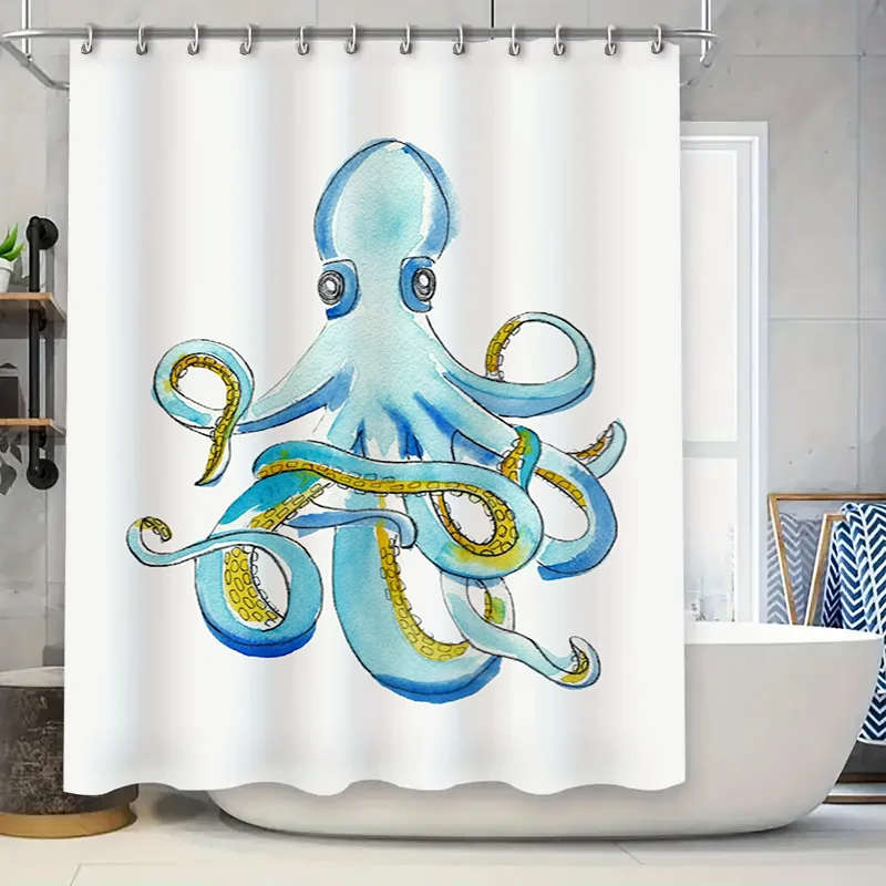 

Ручная роспись занавеска для душа в виде осьминога, синее золото, акварельный дизайн, декоративные аксессуары для ванной комнаты для детских ванных комнат