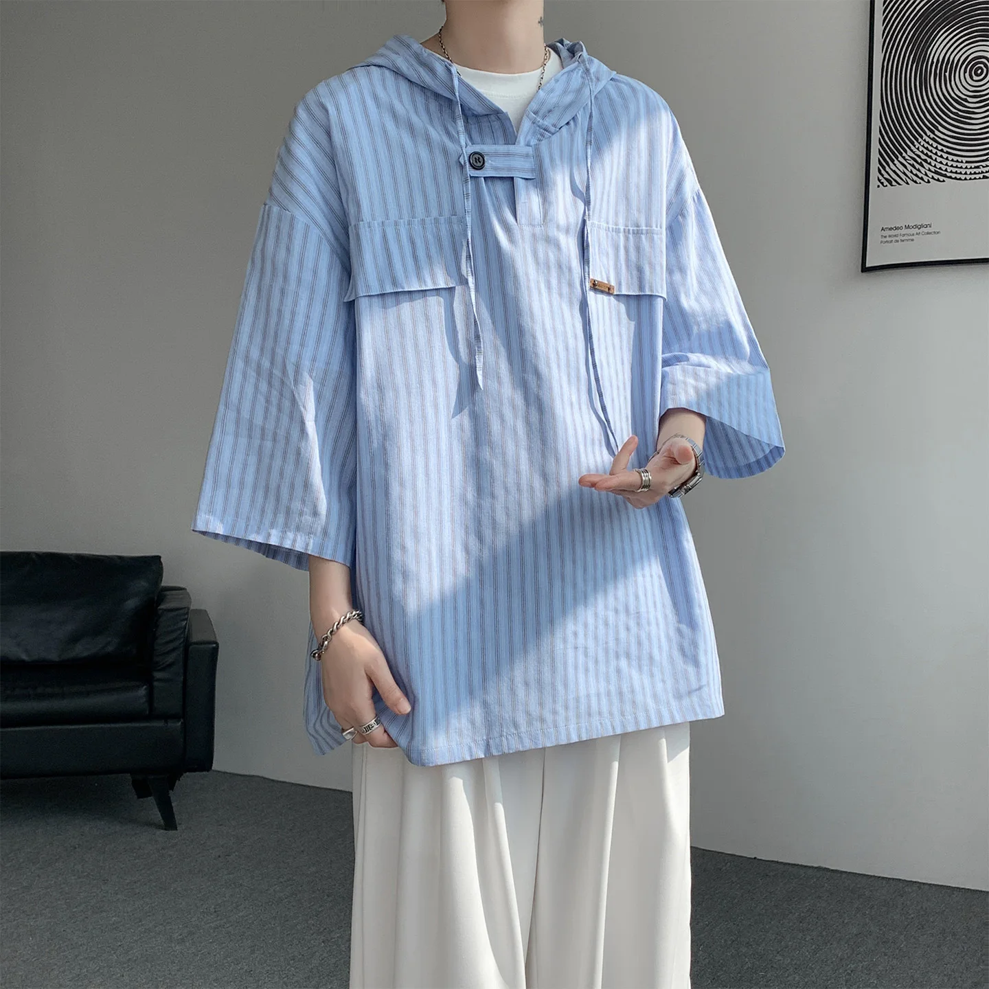 

Summer Hooded T shirt Men Korean Half Sleeve Pullover Streetwear Loose T-shirt Tops Drawstring Men Clothing 5XL