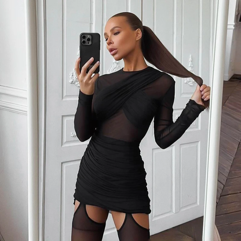 CUTENOVA レディース新着シアーメッシュパッチワークプリーツ長袖ボディコンドレスファッショナブルカジュアルストリートスタイル衣装