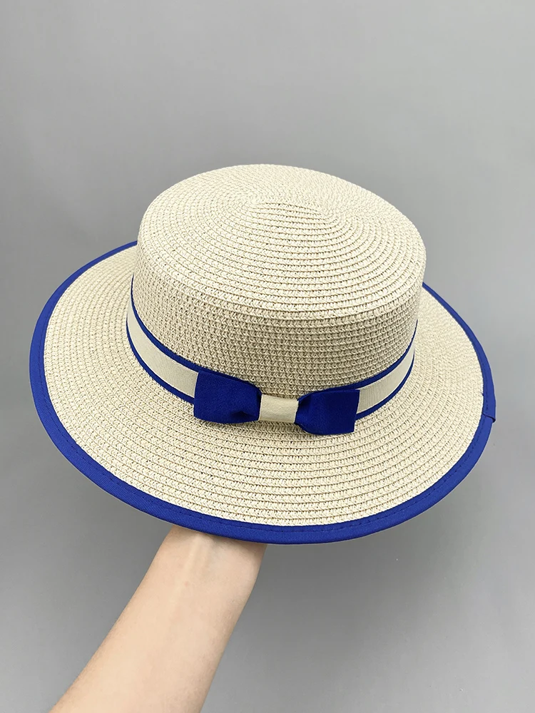 

Designer Brand Flat Top Straw Blue Bow Top Sunscreen Visor Seaside Women's Sun Caps for Men 모자 Hats for Women Free Mail