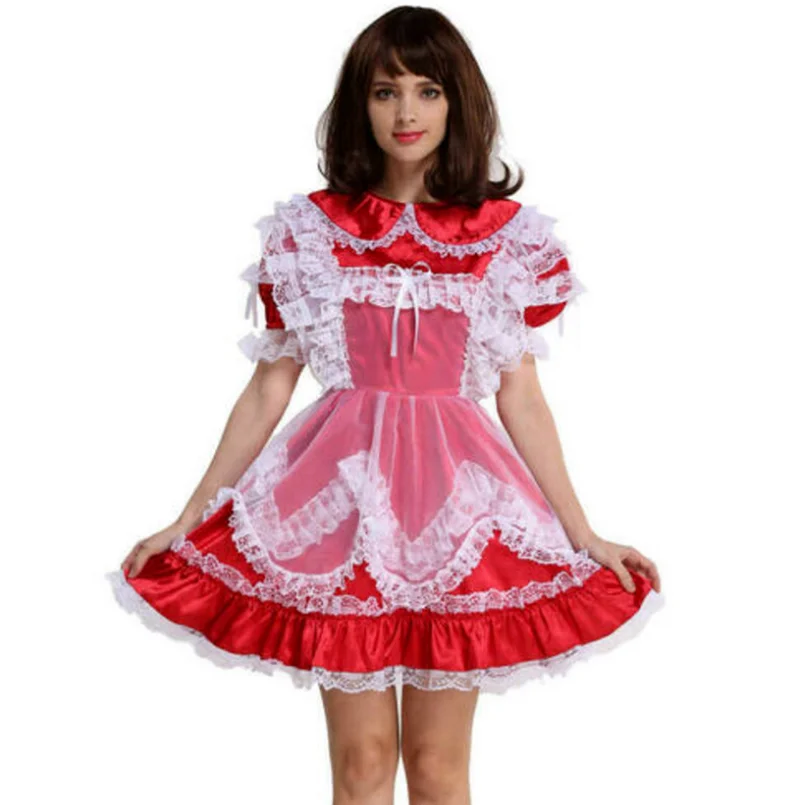 

Girly Cosplay Costume Maid Satin Lockable Girls Red Dress Custom Glamour Adult Women