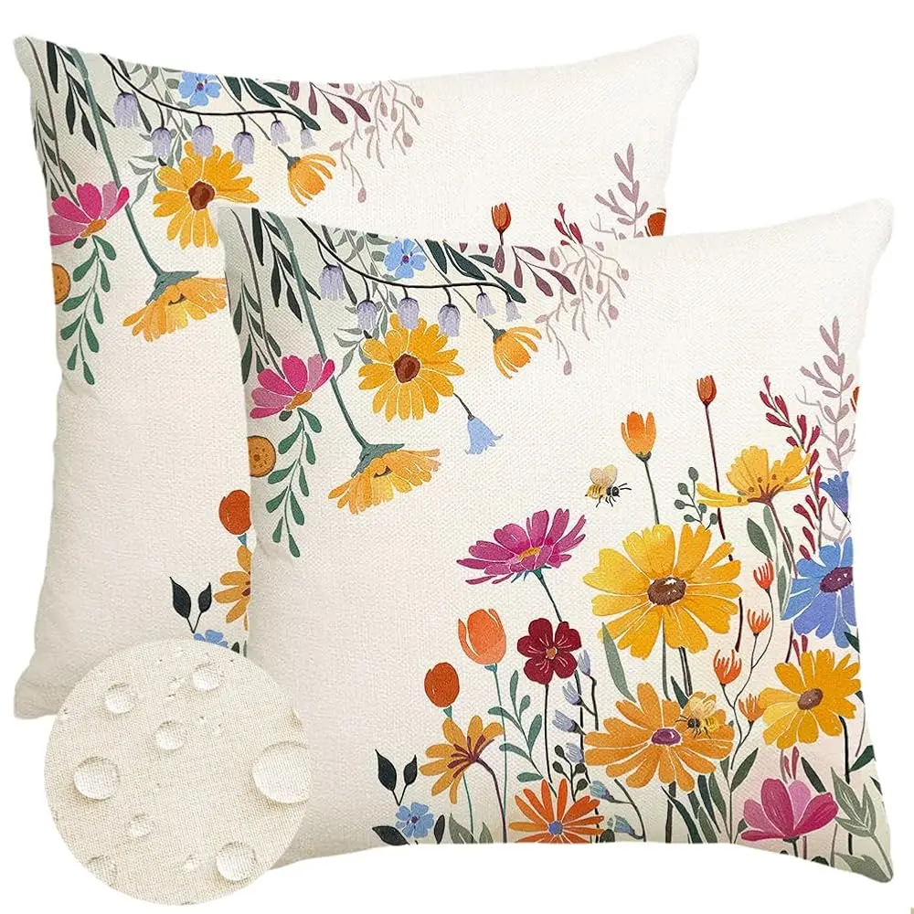 

Spring Summer Pillow Covers Waterproof 20X20 H Outdoor Decor Decorative Pillows For Couch Yellow Flower Daisy Floral Farmhouse