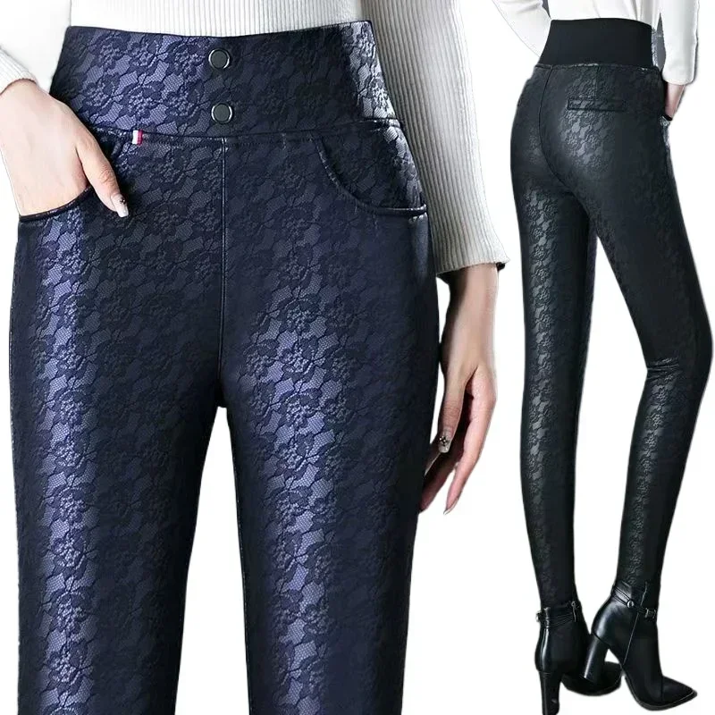 

Leather Plush Thickened High Waist Elastic Korean Size Pu Pants Women's Korean Fashion Women Clothing Y2k sweatpants streetwear