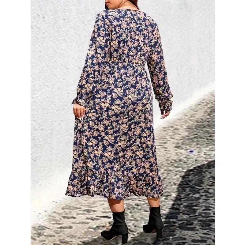 Plus rozmiar 1XL-5XL Casualowa sukienka damska Plus kwiatowy Print latarniowy rękaw V Neck Smock Dress