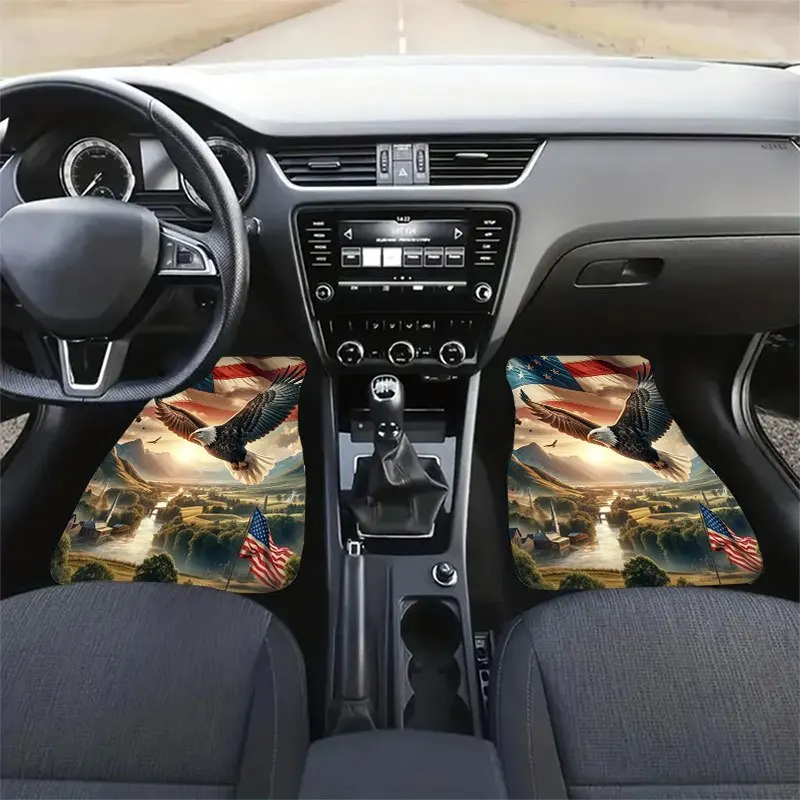 4pcs American Flag & Eagle Car Floor Mats Set - Crystal Velvet Anti-Slip All-Weather Floor Liners With Full Coverage (Driver/Pas